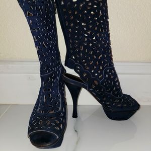 MARNI Blue Suede Cut-Out Peep-Toe Boots 5